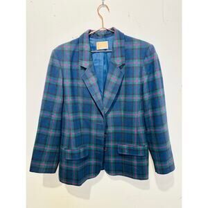 VINTAGE PENDLETON Green Blue Pink Tweed Virgin Wool Blazer Jacket Size 12